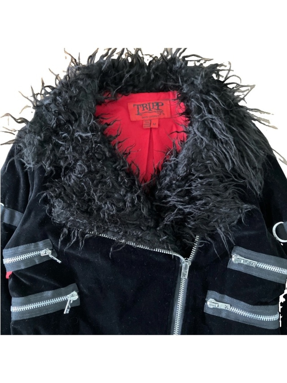Vintage Tripp NYC Moto Jacket Velvet Faux Fur M Black Bondage Goth Y2K Punk Moto - Picture 3 of 16